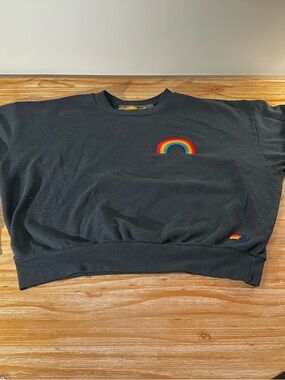 Aviator Nation Navy Cropped Crew with Embroidered Rainbow